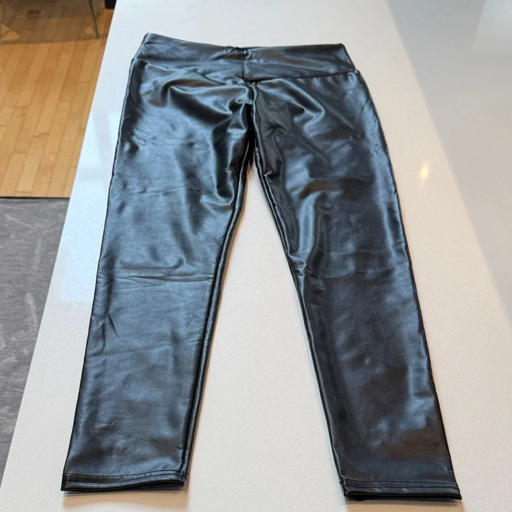 Faux Leather Leggings, Waist Control Support, Black, Fleece Lined, Size XL
